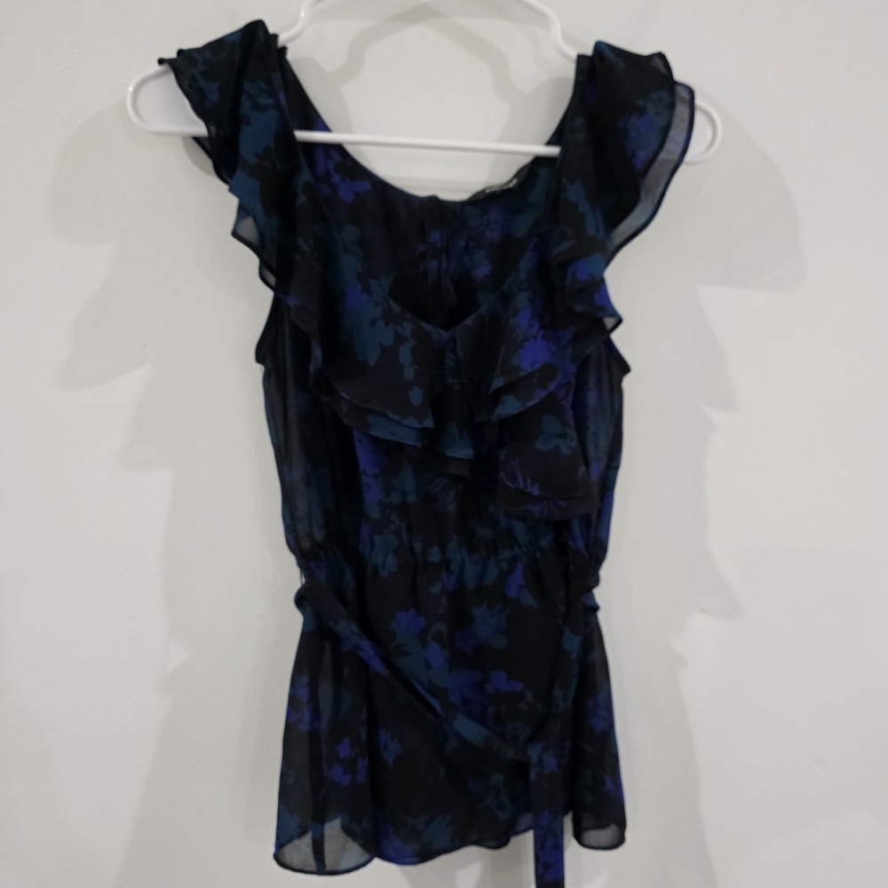 Express Womens Ruffle Chiffon Top Size Small Floral Fairy Dark Romance‎